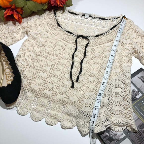 Cato Crochet Boho Lace Scallop Black Ribbon Top - Picture 5 of 6